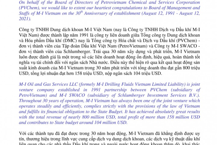 Thư chúc mừng Chủ tịch Hội đồng quản trị, Tổng Giám đốc PVChem nhân kỷ niệm 30 năm thành lập M-I Việt Nam